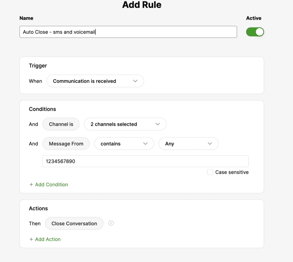 Settings for auto-closing conversations based on received SMS and voicemail communications.