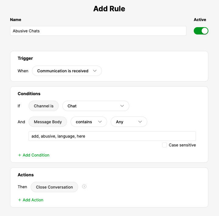 Settings for managing abusive chat communications and closing conversations automatically.