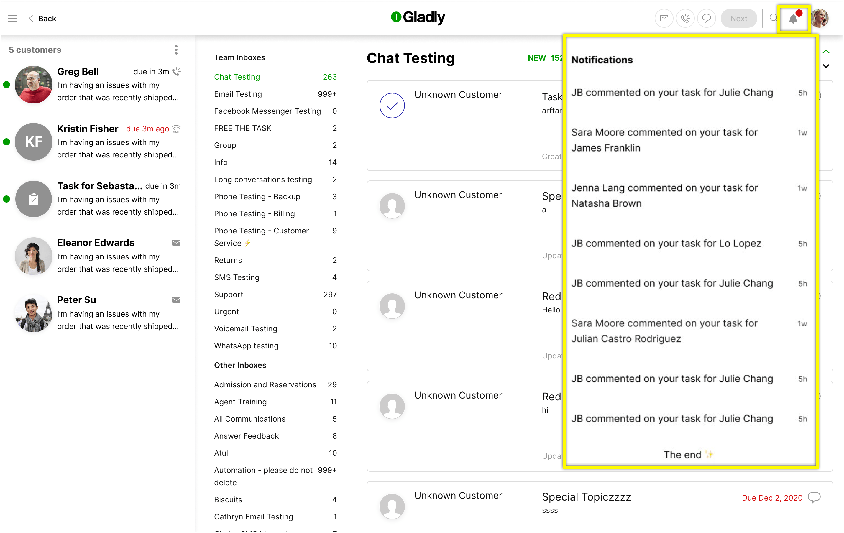 Notifications list showing comments on various tasks for different customers.