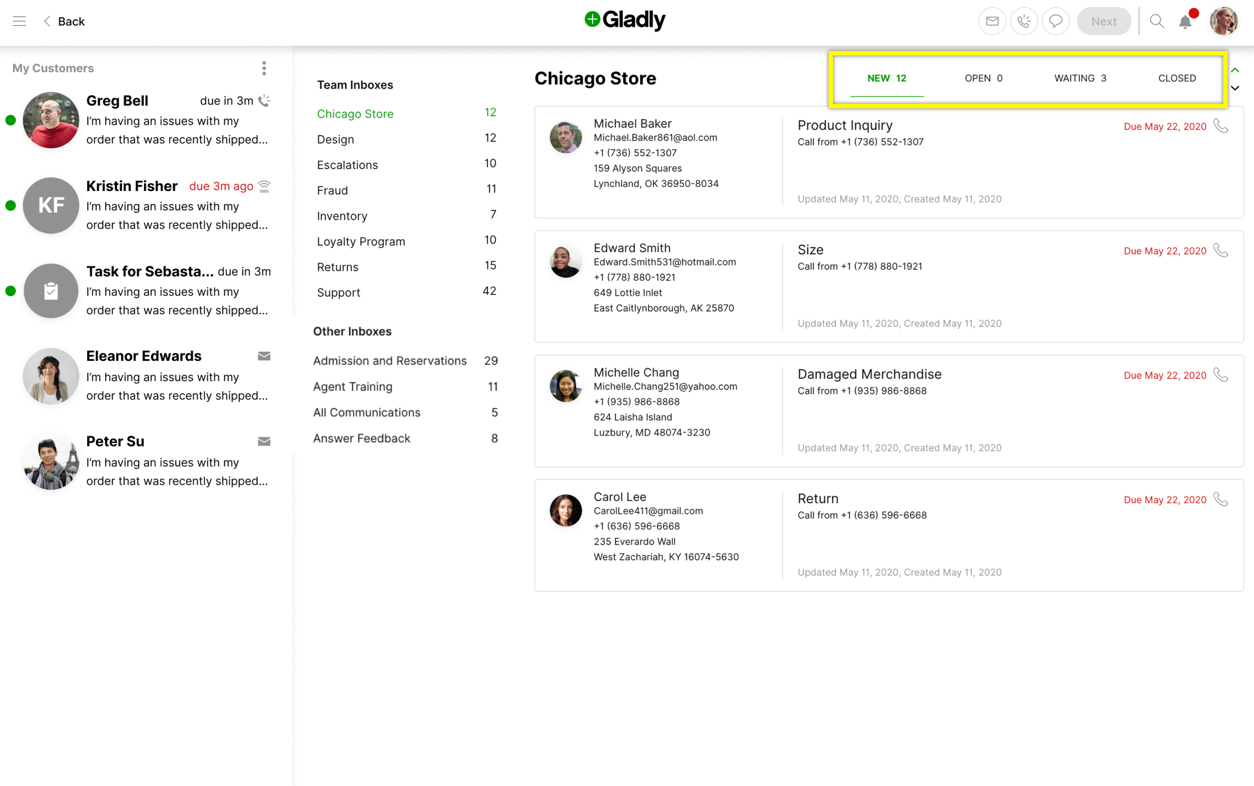 Overview of customer inquiries and statuses in the Gladly platform for Chicago Store.