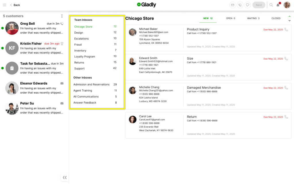 Overview of team inboxes showing customer inquiries and their statuses for Chicago Store.