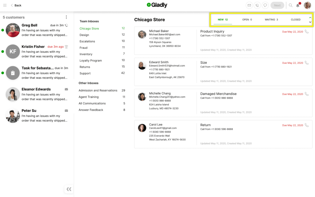 Customer support interface showing new, open, waiting, and closed inquiries for Chicago Store.