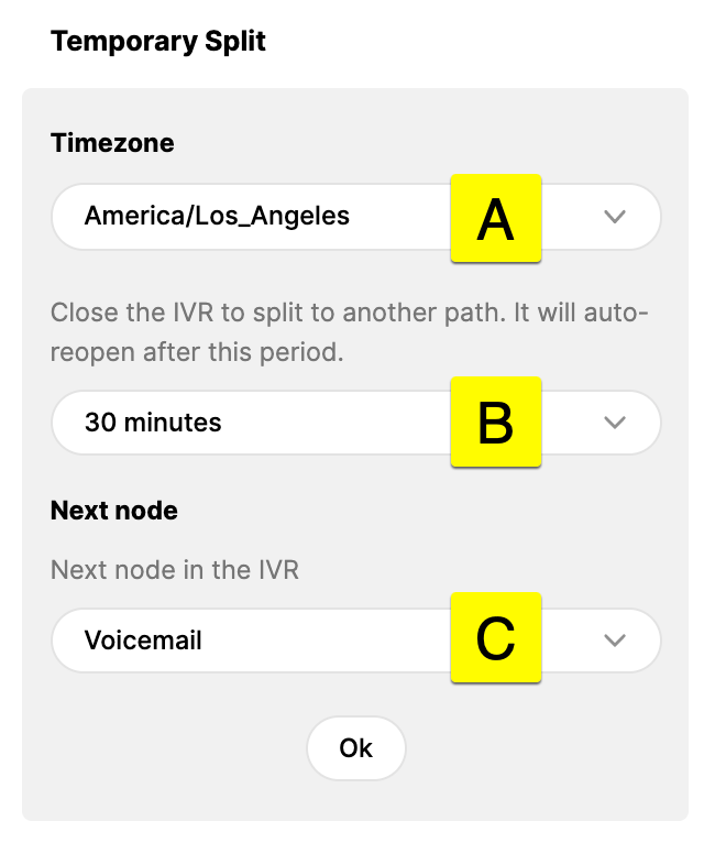 Settings for temporary split in IVR with timezone, duration, and next node options.