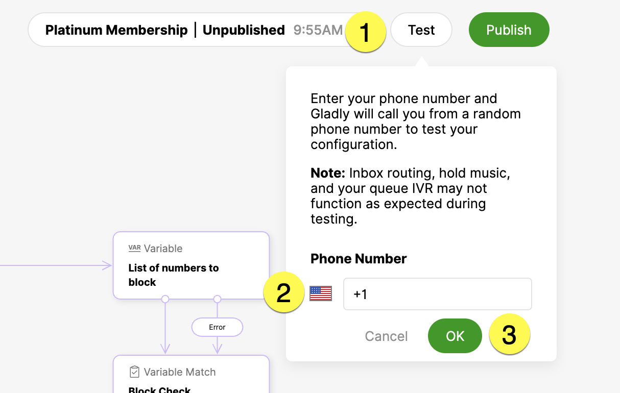 Input phone number for testing configuration in Gladly's system interface.