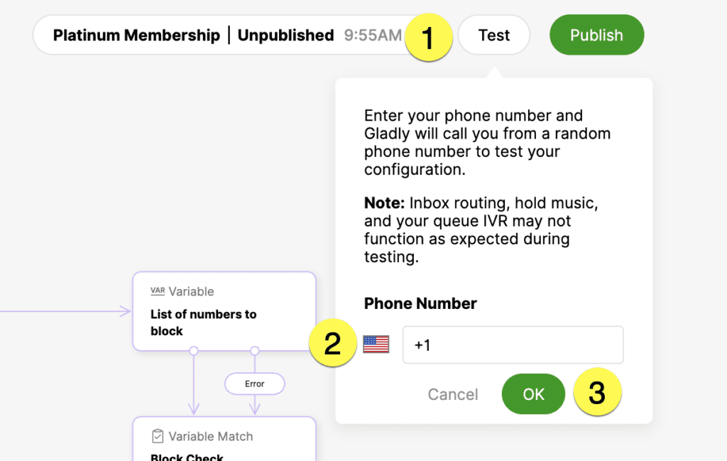 User interface for testing phone number configuration with highlighted steps and notes.