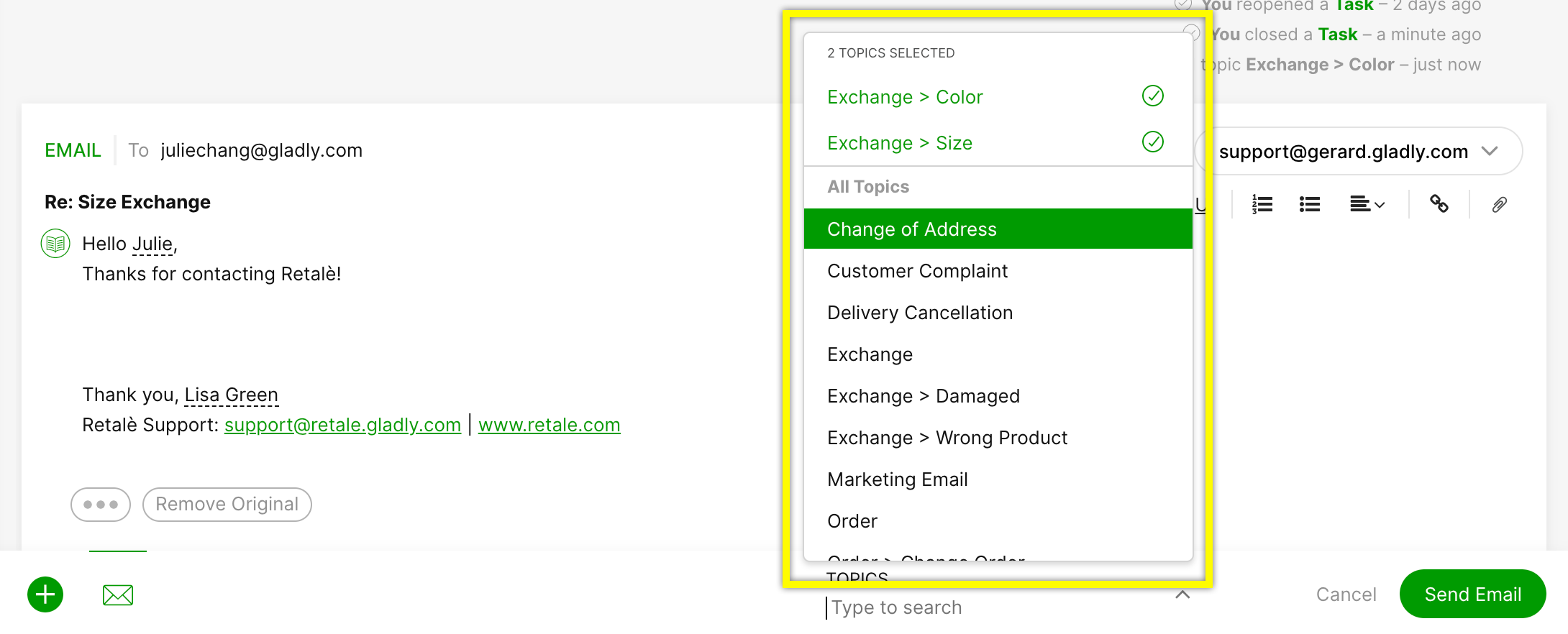 Email correspondence regarding size exchange and selected topics for customer support.