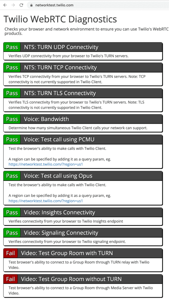 Twilio WebRTC Diagnostics results showing connectivity tests and their pass or fail status.