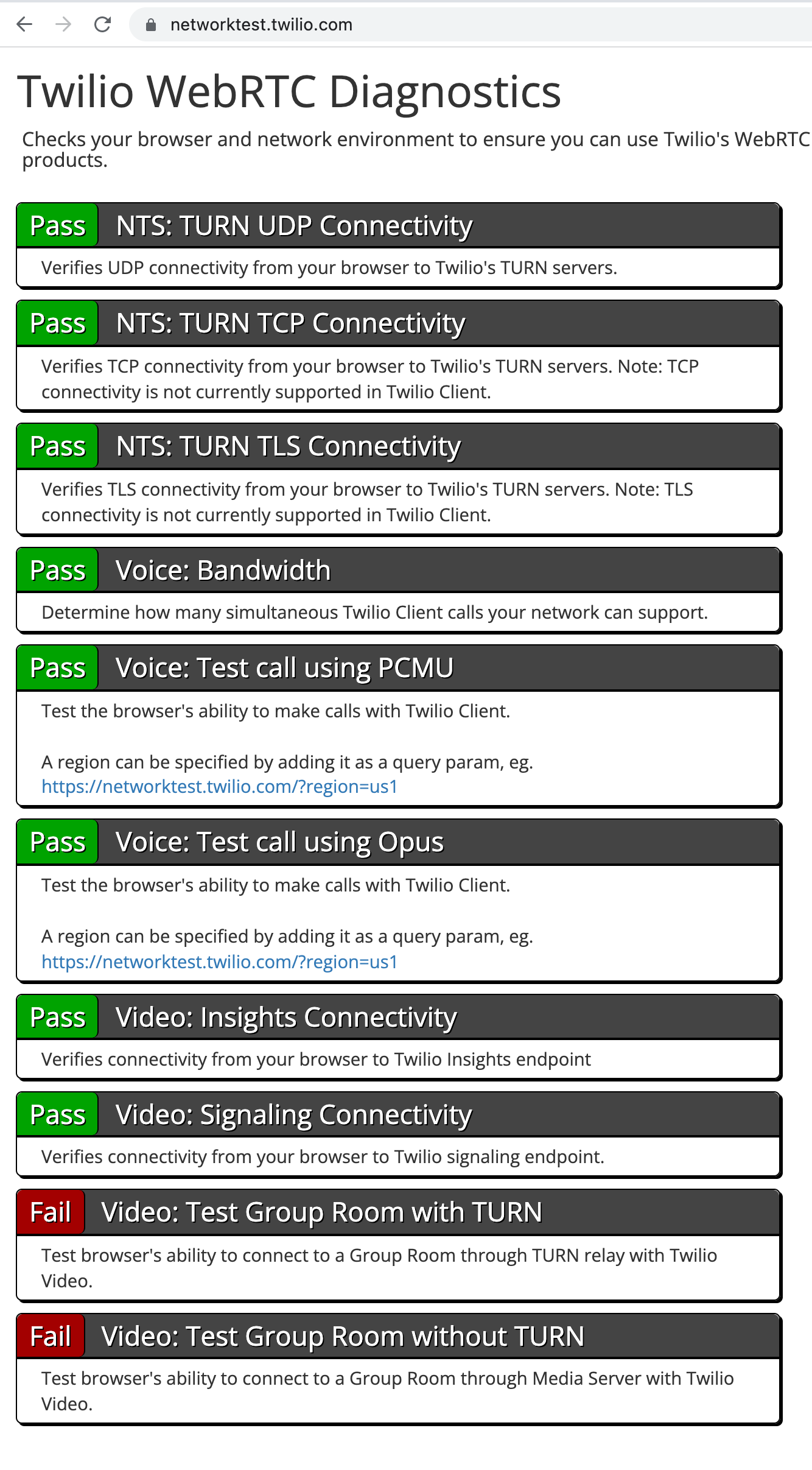 Twilio WebRTC diagnostics showing connectivity tests with pass and fail results.