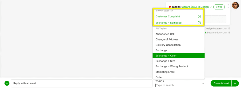 Selected topics for customer complaint and exchange options in a task management interface.