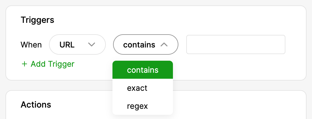 Settings interface showing URL trigger options and action selections for automation.