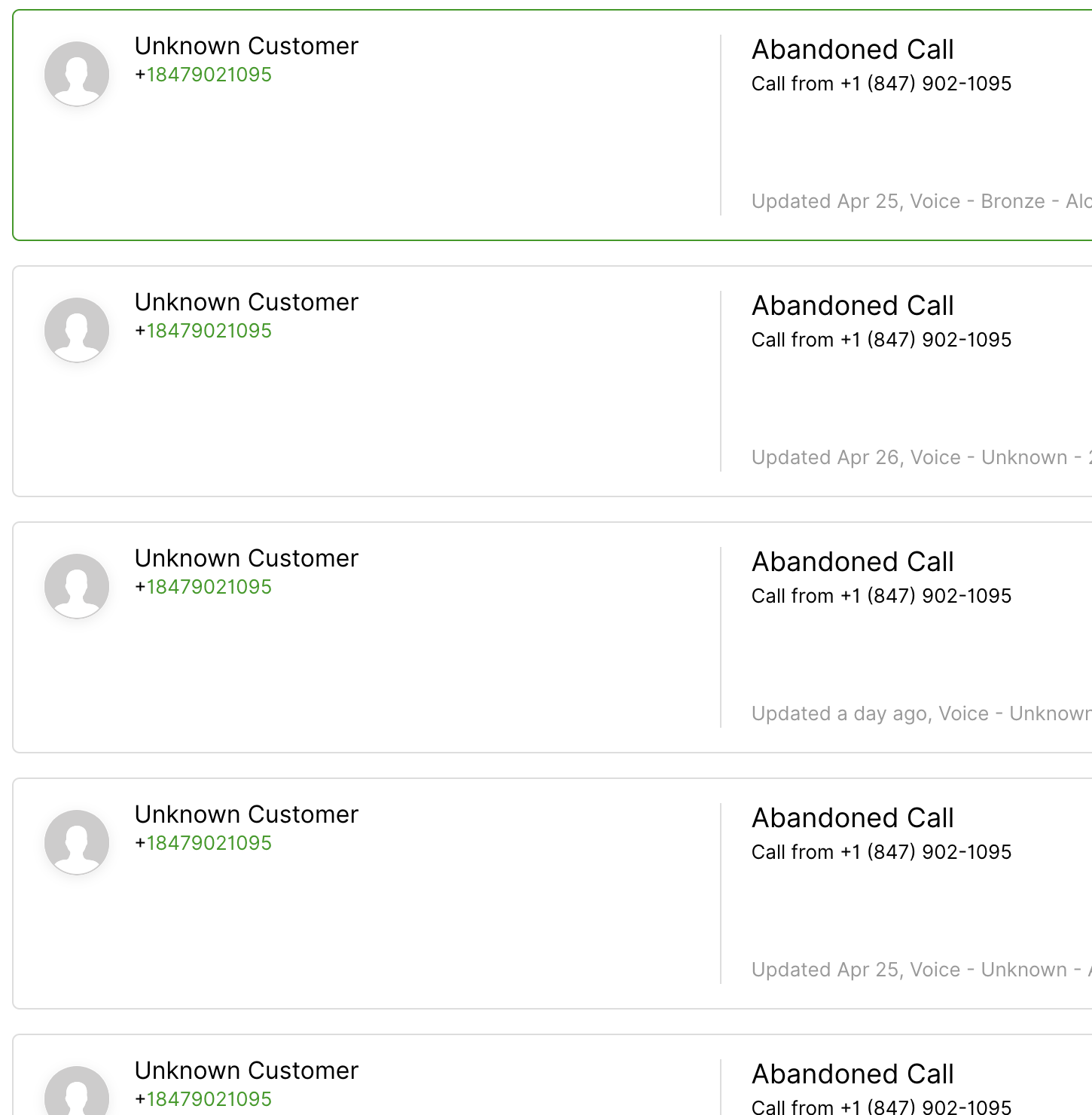 List of abandoned calls from an unknown customer with phone number details.
