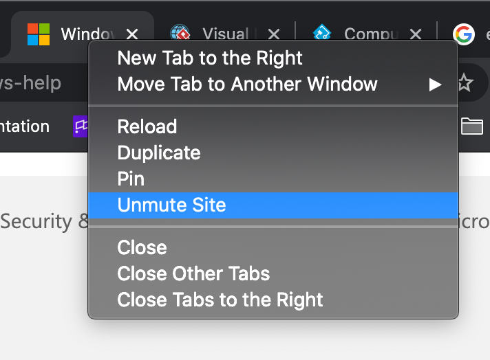 Menu options for browser tabs, highlighting the 'Unmute Site' feature.