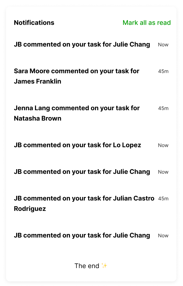 List of notifications regarding comments on various tasks by different users.