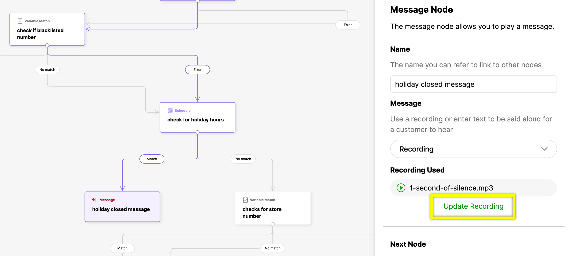 Flowchart illustrating message node for checking holiday hours and blacklisted numbers.