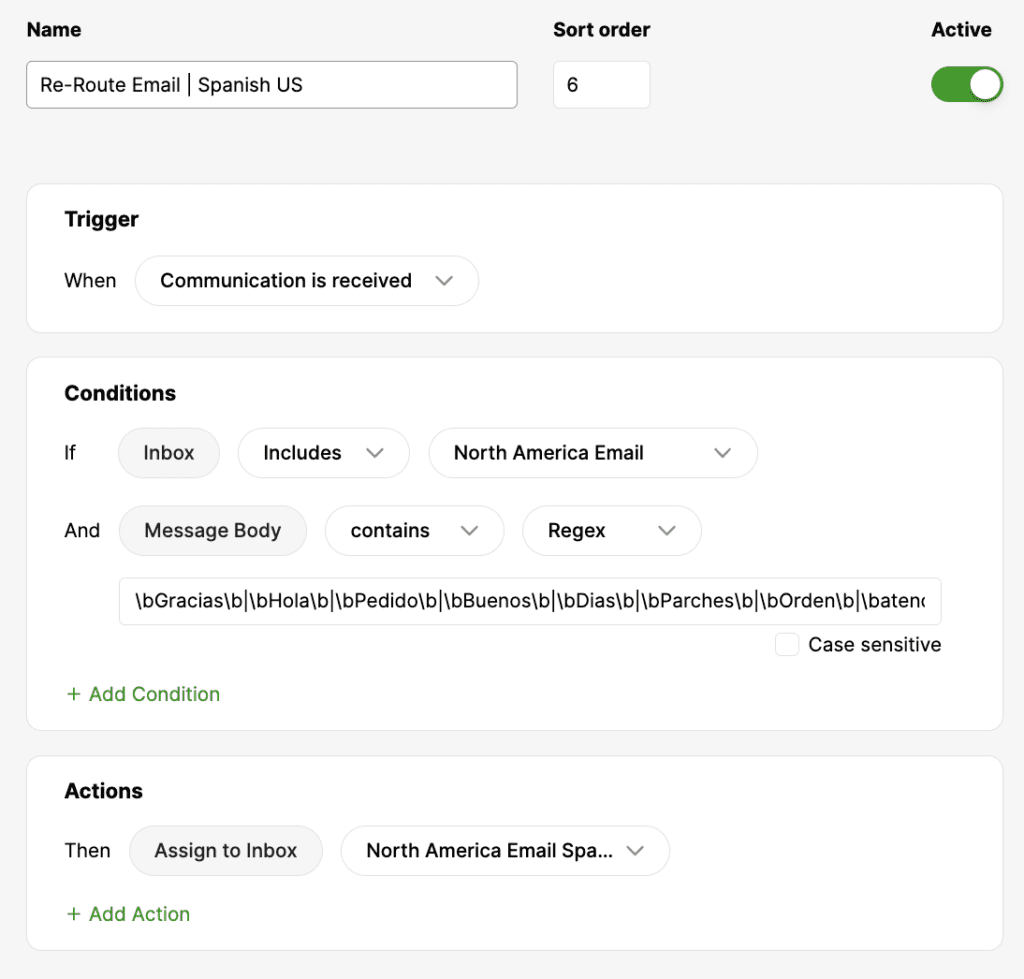 Email routing conditions and actions for North America Spanish communications.