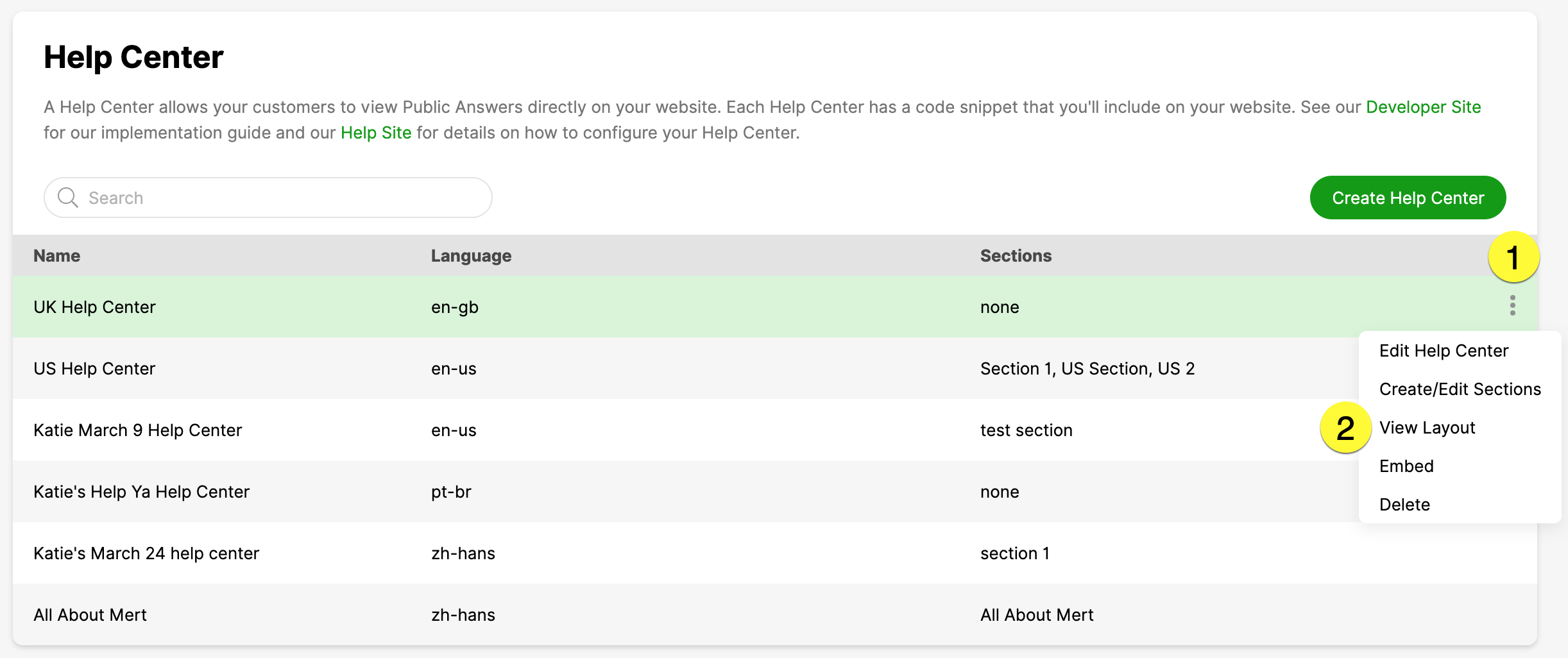 Help Center overview displaying various sections and options for management.