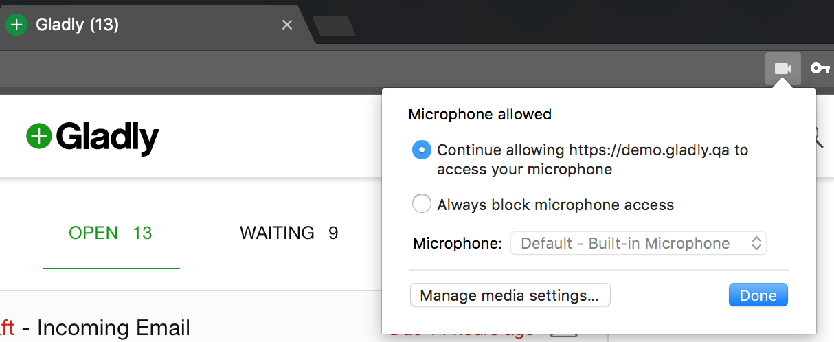 Microphone access prompt for Gladly application with options to allow or block access.