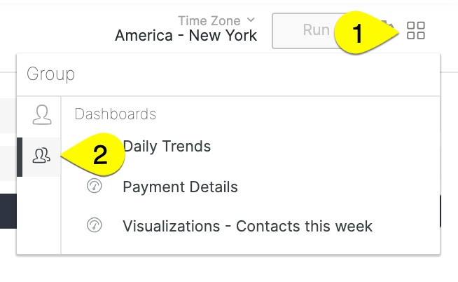 Dropdown menu showing time zone and group options with highlighted selections.