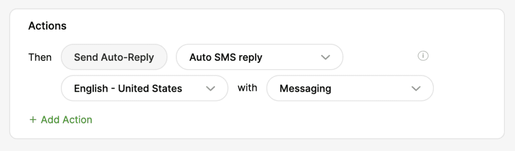 Settings for sending auto-replies via SMS in English for messaging actions.