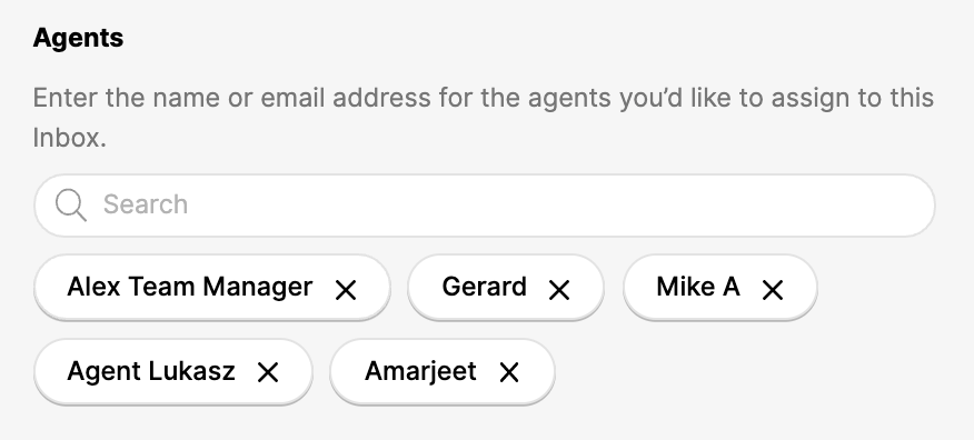 List of agents with options to assign them to an inbox.