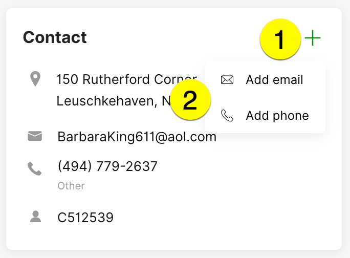 Contact information with options to add email and phone details.