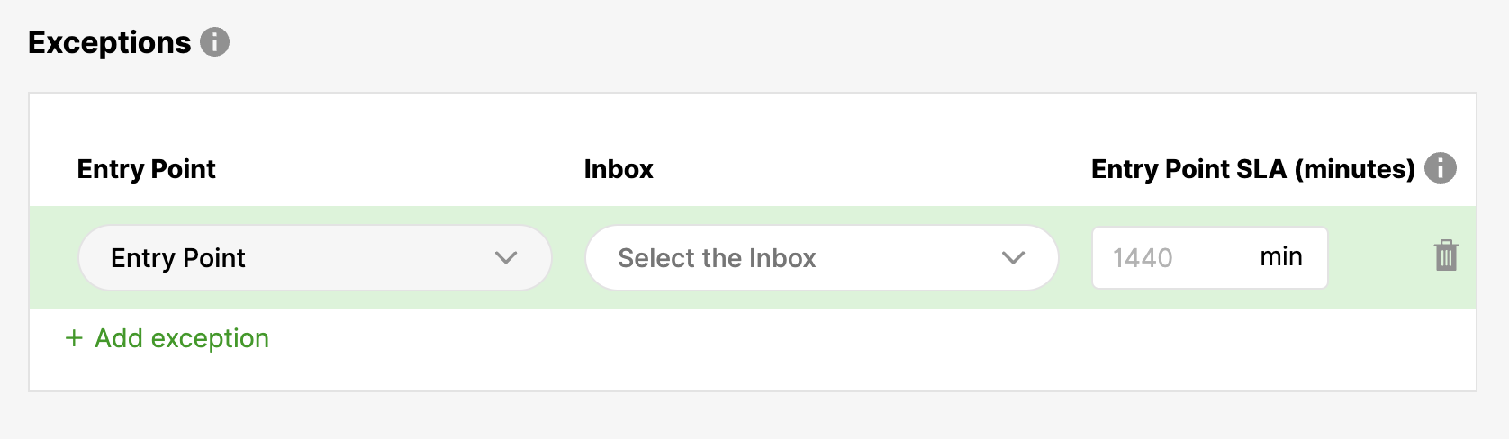 Settings for entry point exceptions, including inbox selection and SLA minutes.