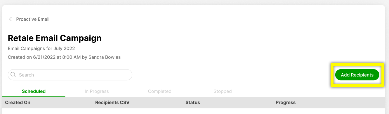 Overview of the Retale Email Campaign with an option to add recipients.