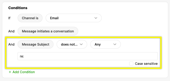 Email conditions for message subject filtering in a conversation setup.