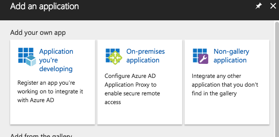 Options to add applications in Azure AD, including custom and non-gallery apps.