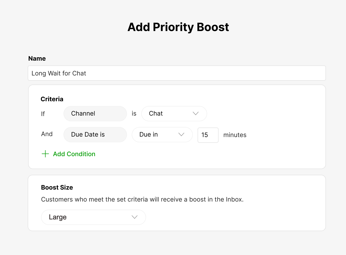 Settings for adding a priority boost based on chat channel and due date.