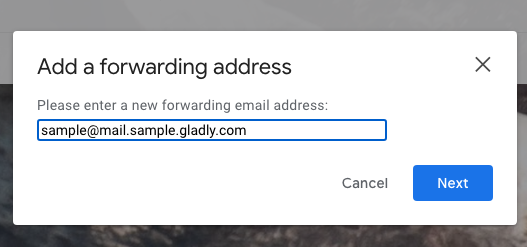 Input field for adding a new email forwarding address in a dialog box.