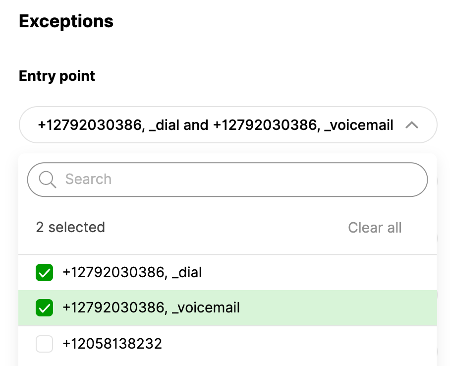 Selected phone numbers for dialing and voicemail exceptions in a user interface.