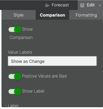 Settings panel showing options for comparison and value labels in a forecast tool.