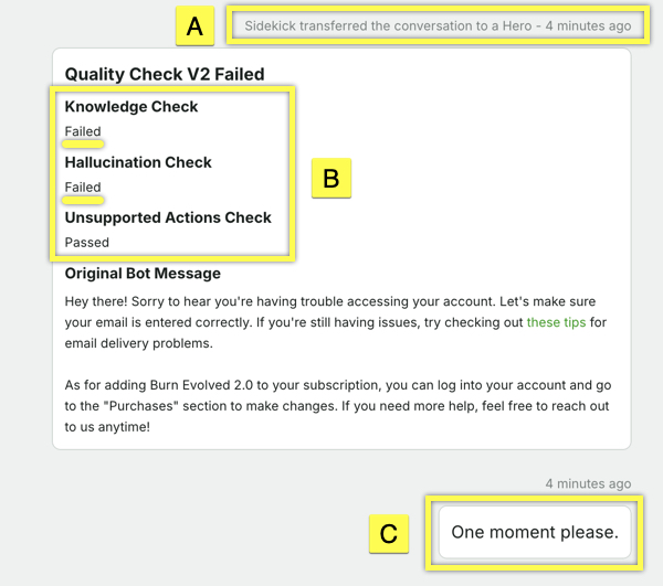 Quality check results showing failed checks and a bot message for user assistance.