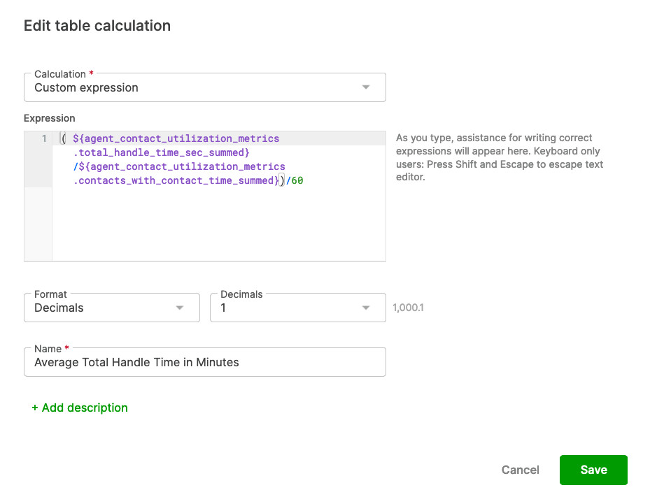 Custom expression for calculating average total handle time in minutes displayed in interface.