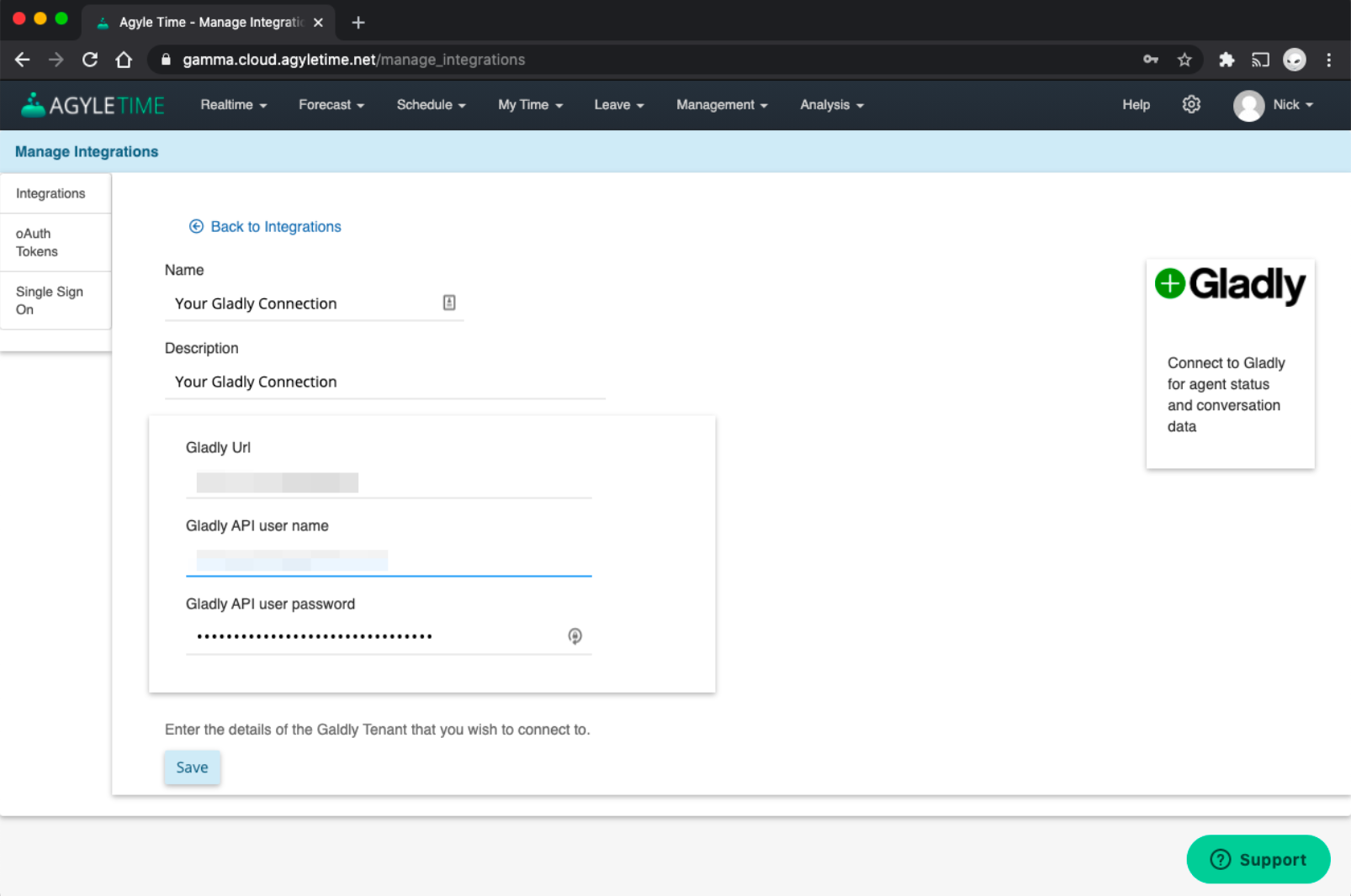 Manage Gladly integration settings including URL, username, and password fields.