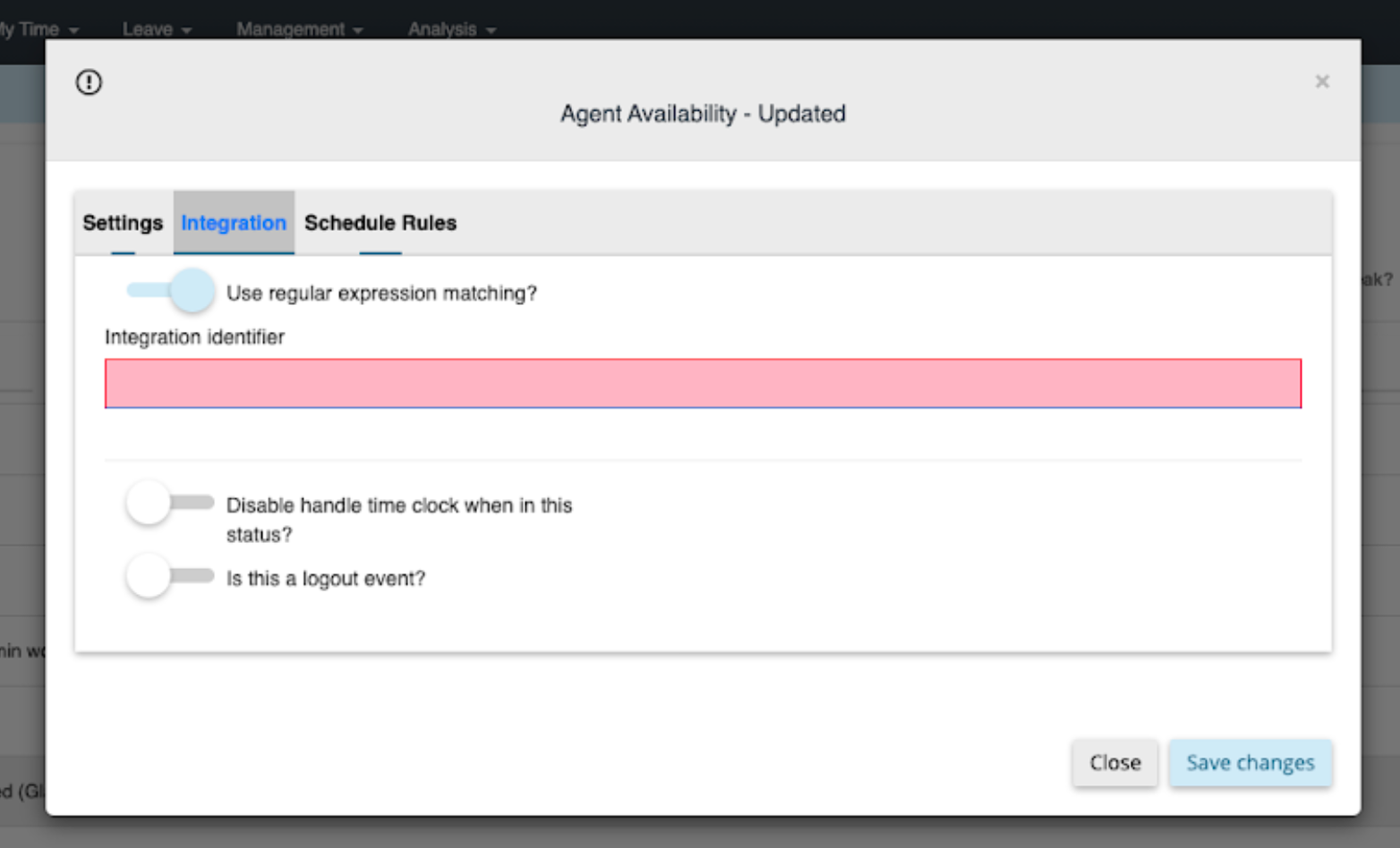 Settings for agent availability with highlighted integration identifier and options for time clock.