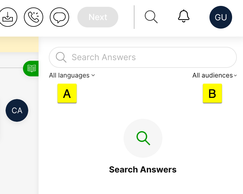 Search interface displaying options for languages and audiences with highlighted selections.