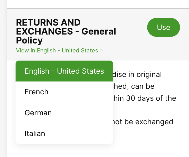 Returns and exchanges policy with language selection options for users.