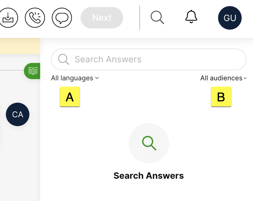 Search interface displaying options for languages and audiences with highlighted selections.