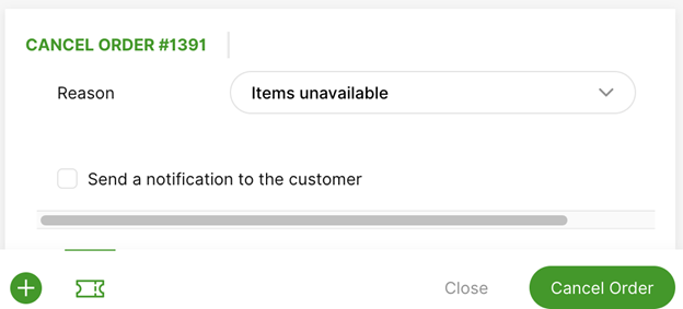 Order cancellation interface showing reason and notification options for customer.