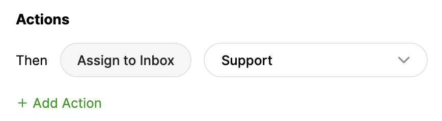 Actions menu showing options to assign to inbox and support category.