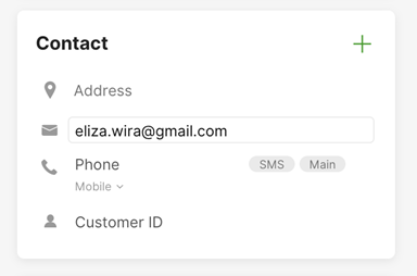 Contact information section displaying email, phone, and customer ID details.