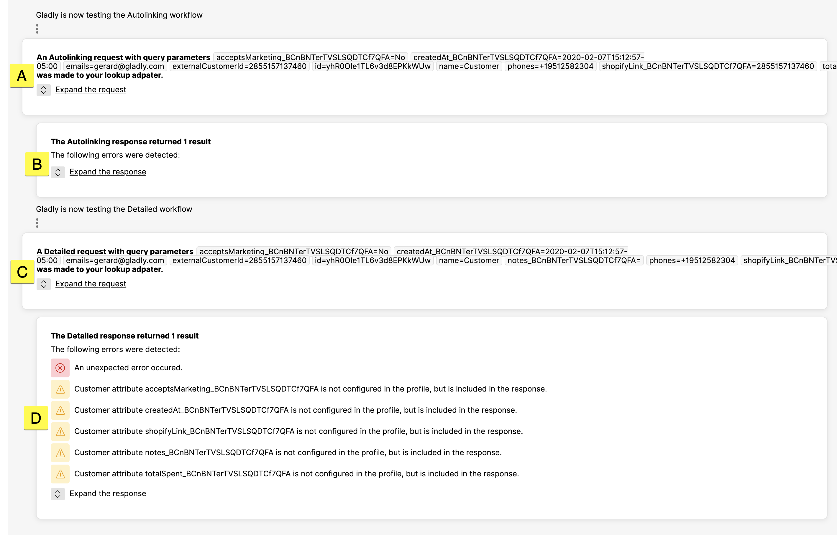 Autolinking and detailed request workflows with error messages displayed for parameters.