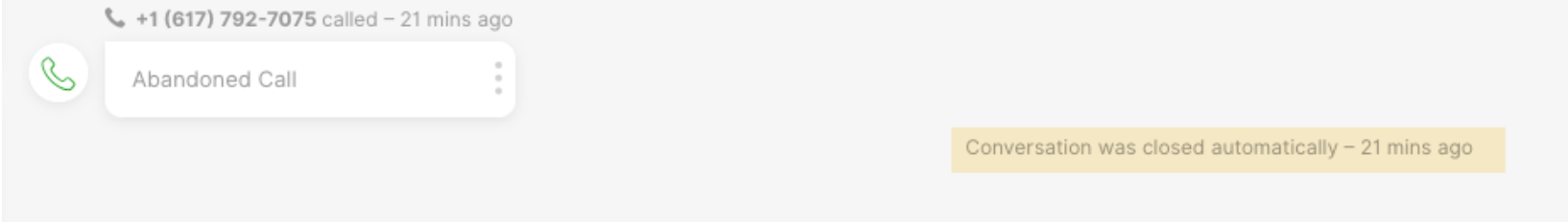 A call was abandoned, and the conversation closed automatically after 21 minutes.