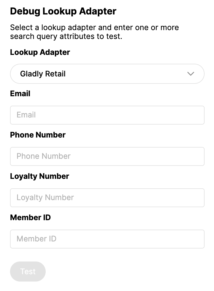 Debug Lookup Adapter interface with fields for email, phone number, loyalty number, and member ID.