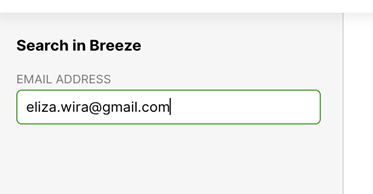 Search interface displaying an email input field for Breeze application.