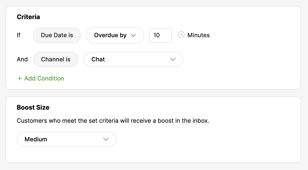 Criteria for boosting customers based on due date and chat channel settings.