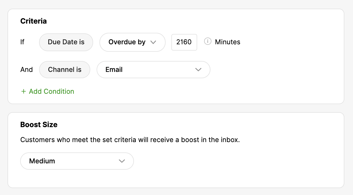 Criteria for email boost based on due date and channel settings displayed clearly.