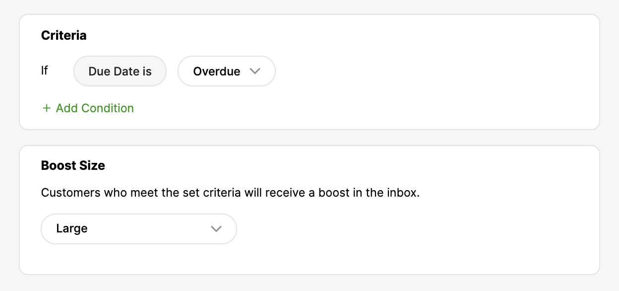 Criteria for overdue tasks and boost size options for customer notifications.